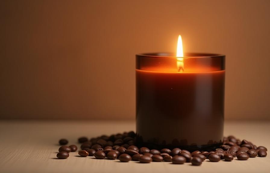 Vela marrón, aroma a café, presentada con granos de café